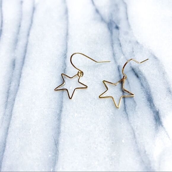 Gold Star Earrings Dangle Drop Celestial Dainty Minimalist - Picture 1 of 6